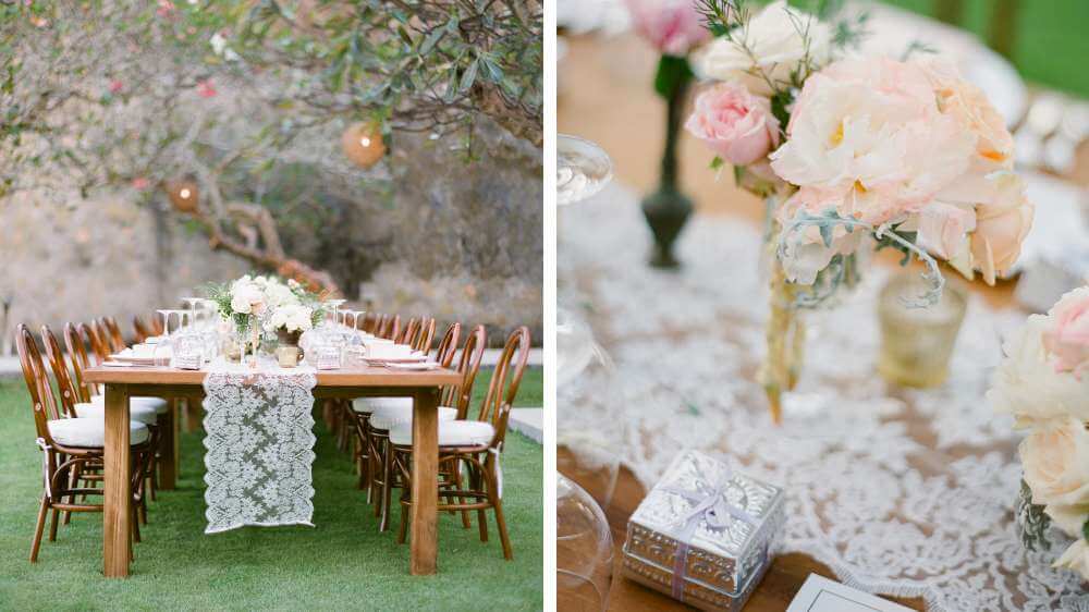 Une table élégante une idée de mariage avec un chemin de table en dentelle